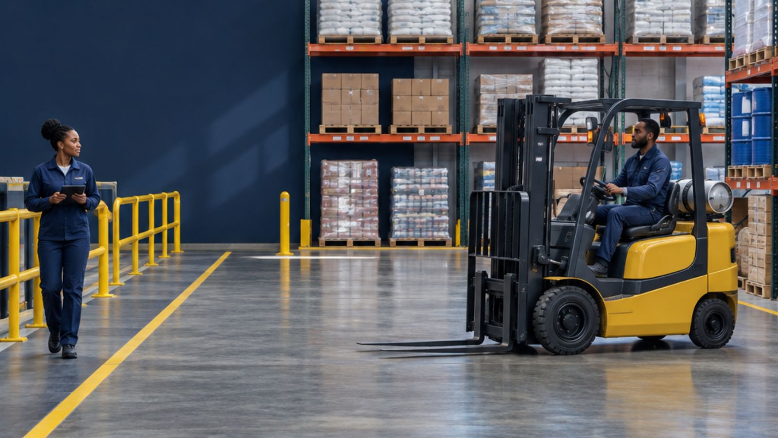 Illustrative warehouse scene: a forklift operator maneuvers an unloaded truck through a clear aisle while an evaluator observes from a marked pedestrian area with a tablet.