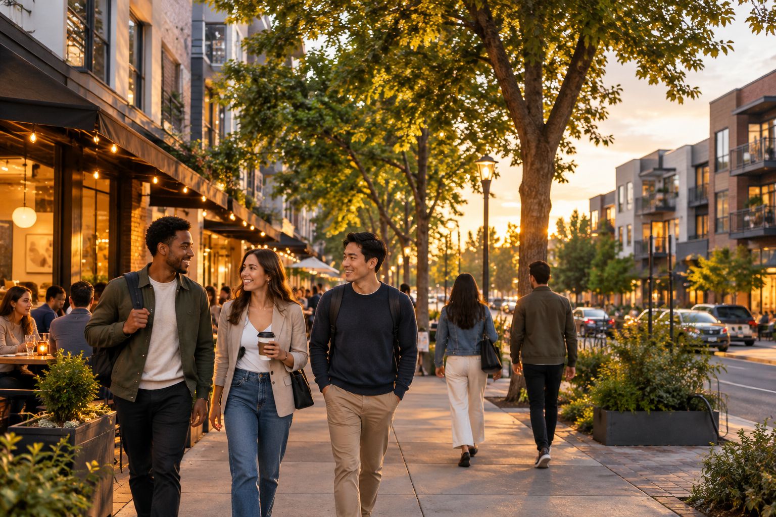 Walkable evening street with restaurants and converted flats