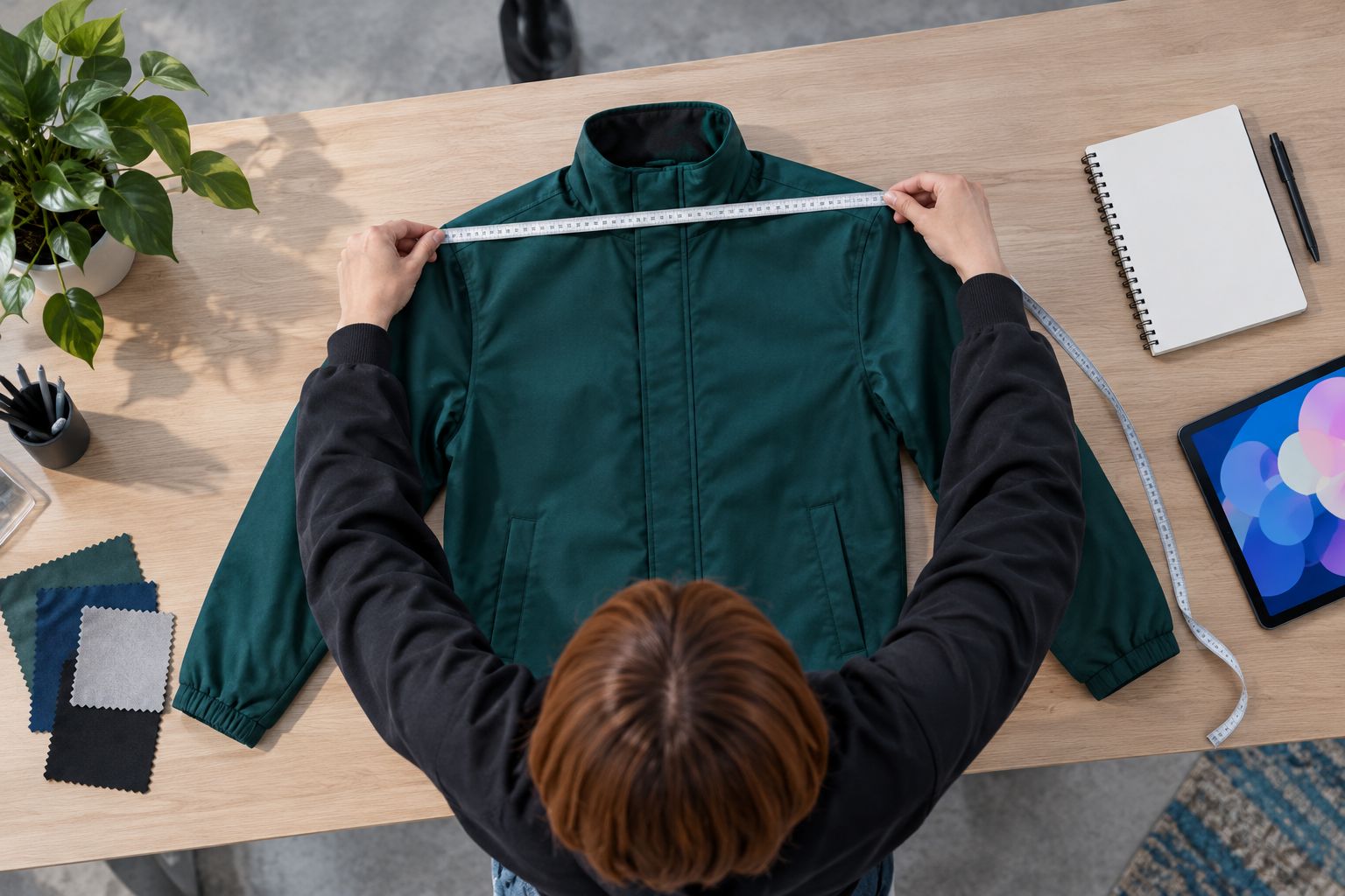 Measuring the shoulder width of a plain jacket laid flat on a table