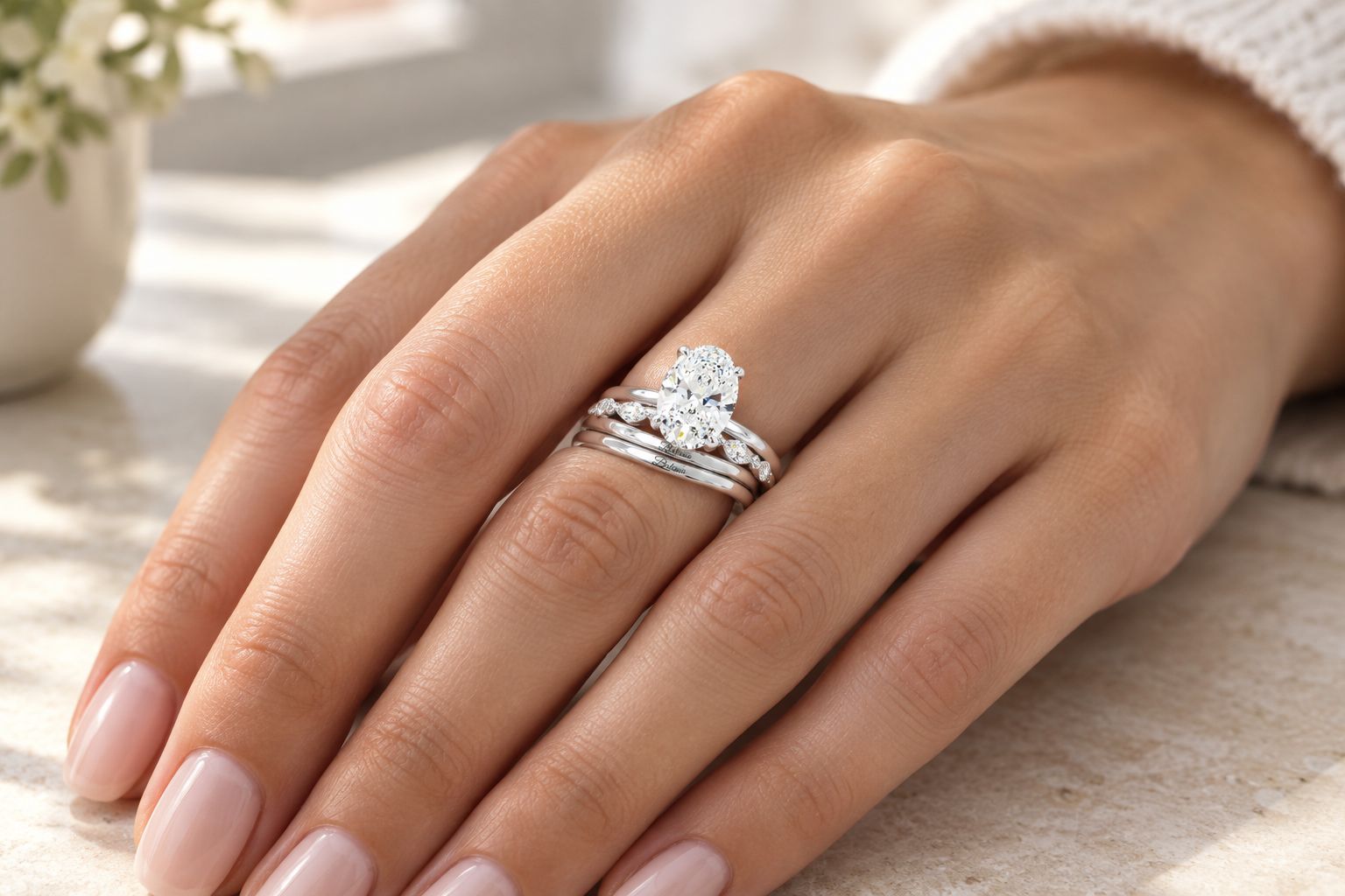 Oval solitaire ring and companion band worn together on a hand
