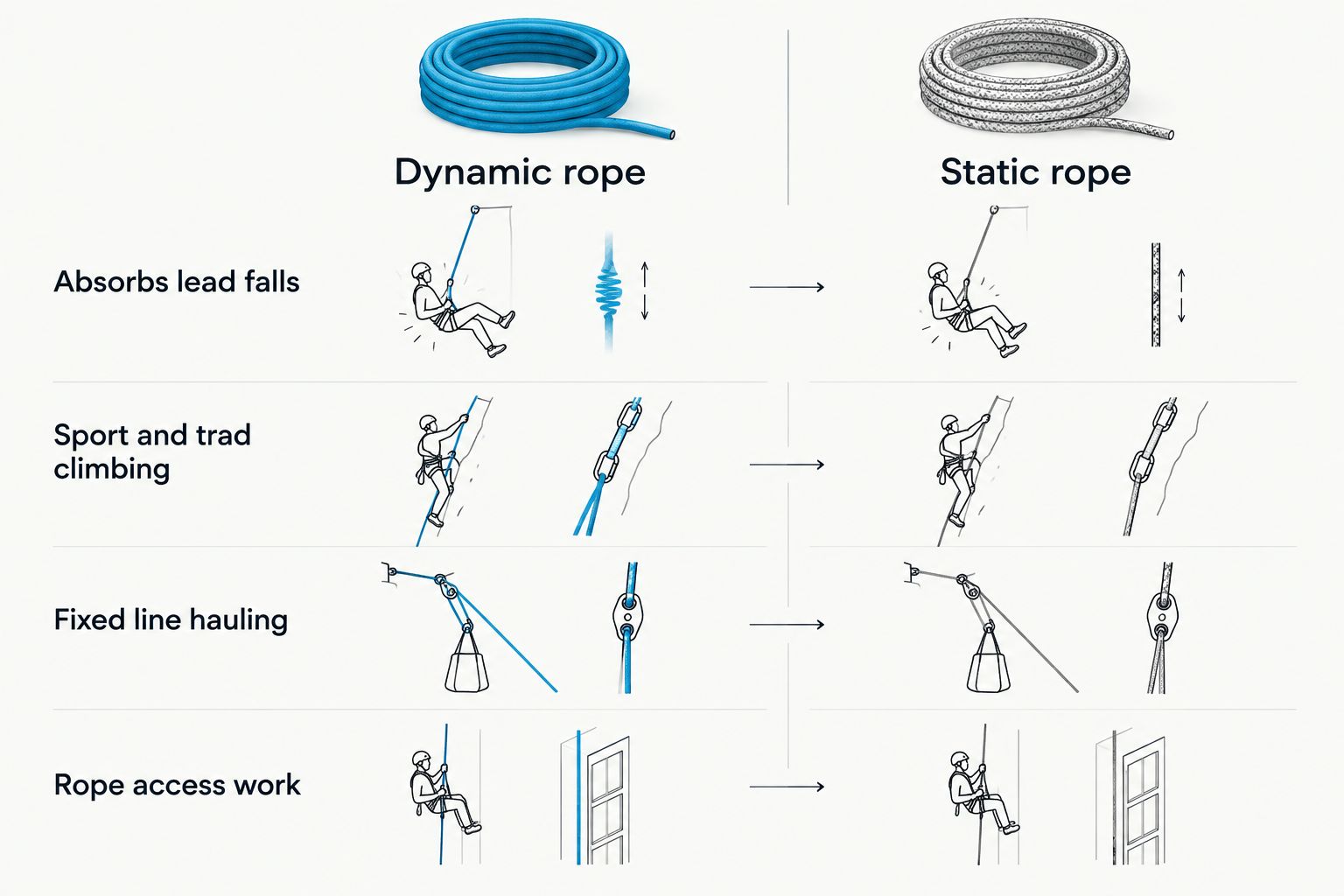 Two column comparison of dynamic versus static climbing rope uses