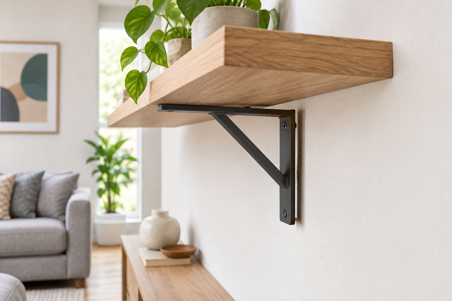 Empty wall shelf with a visible gap between its bracket and the painted wall