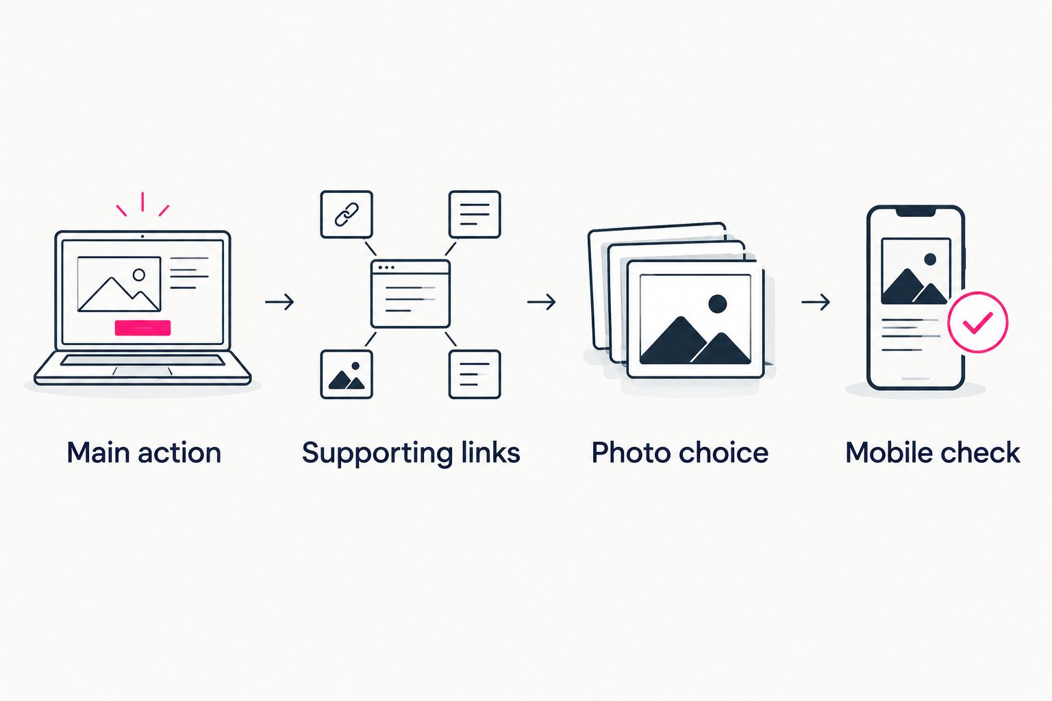 Page preparation steps covering the main action, supporting links, photo choice and mobile checks.