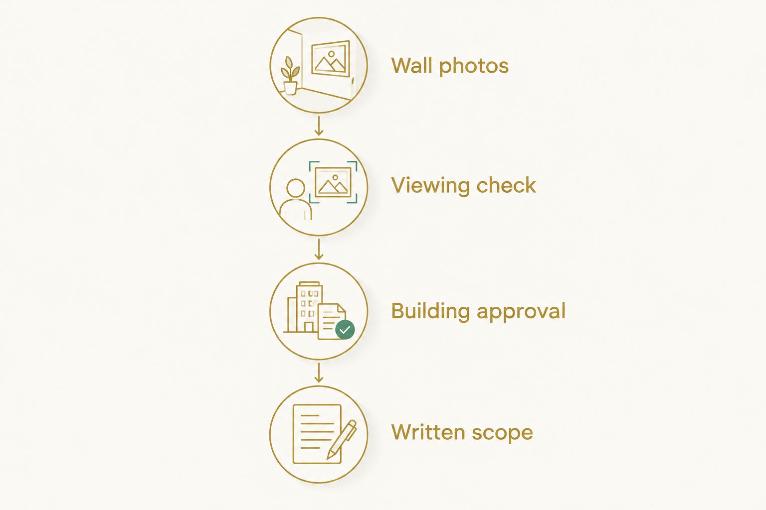 Four preparation steps: wall photos, viewing check, building approval, and written scope