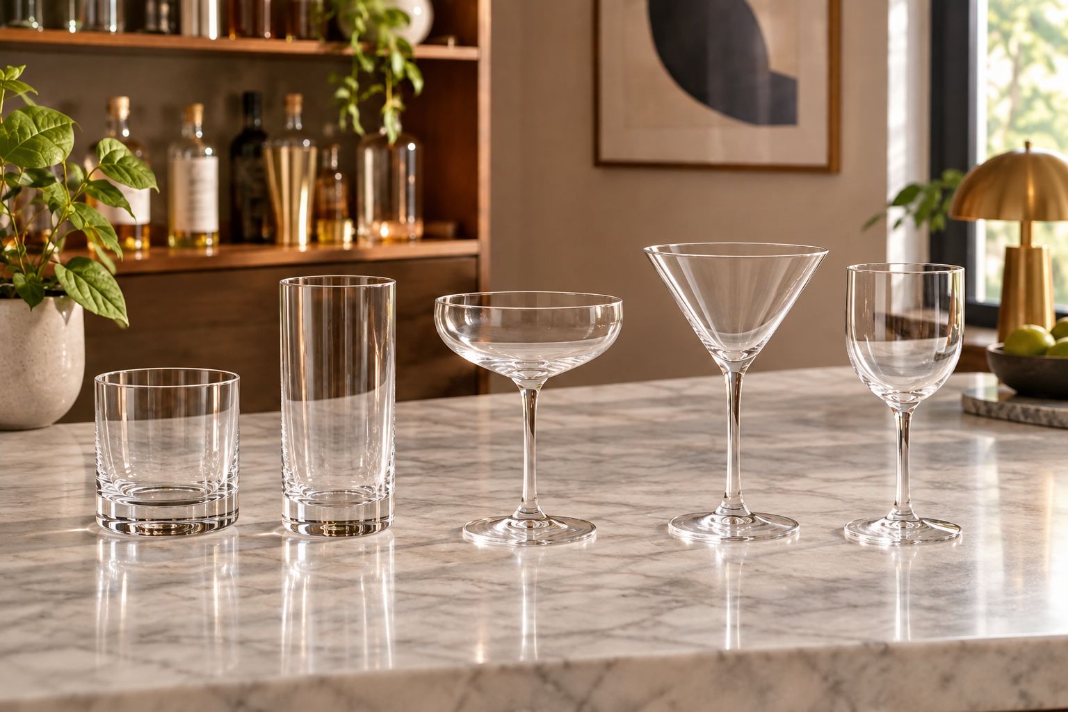 Rocks, highball, coupe, martini, and Nick & Nora glass shapes shown side by side.