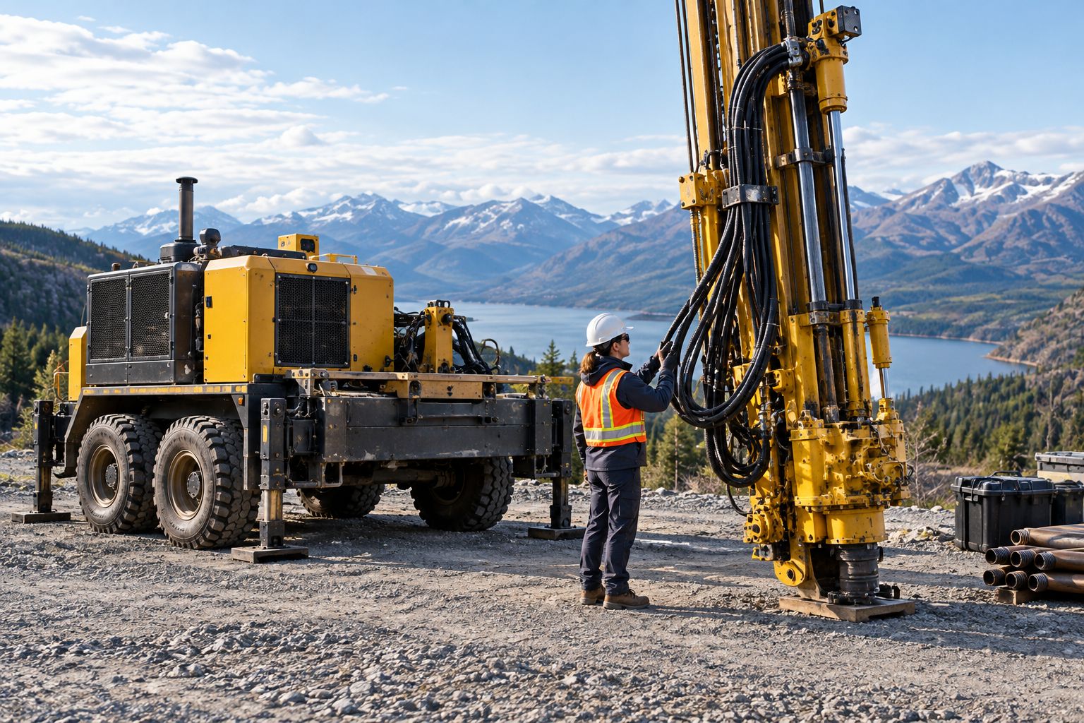 Technician inspecting hydraulic hoses on a stationary exploration drill rig