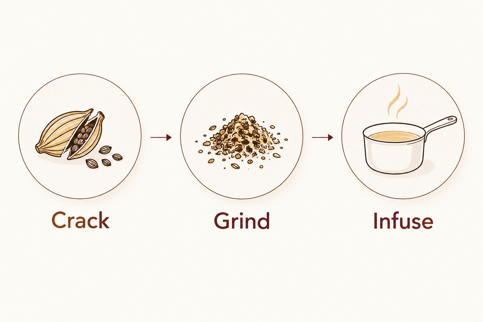 Three cardamom preparations: cracked pods, ground seeds, and pods infusing in liquid