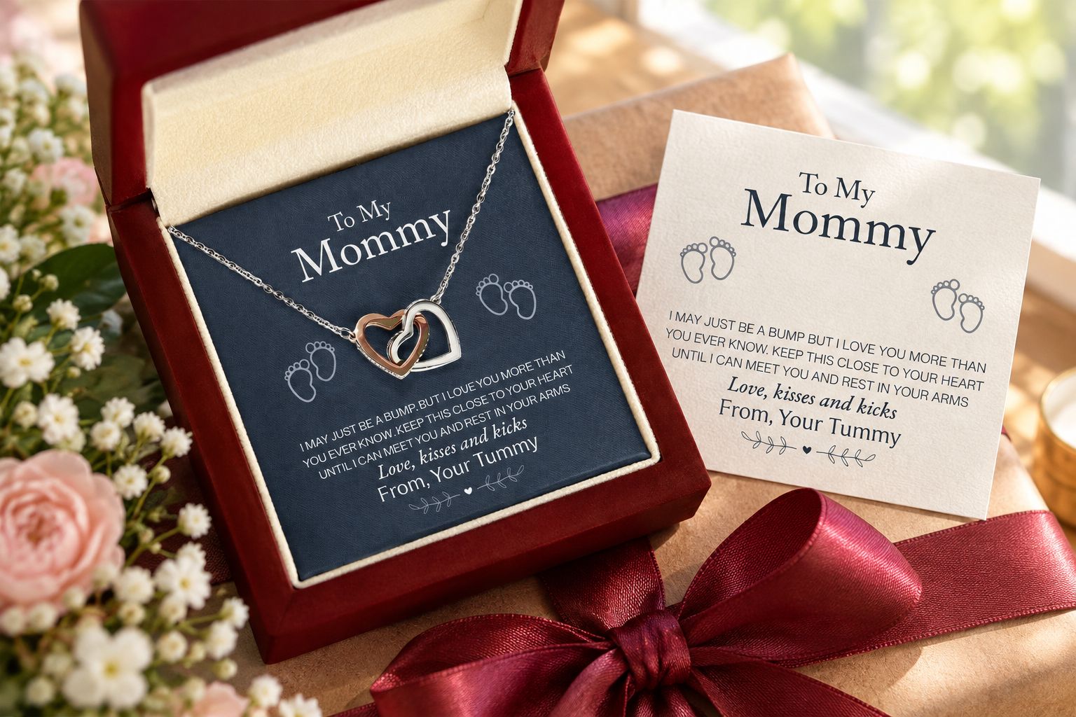 Sentimental necklace gift box open on a table with its card