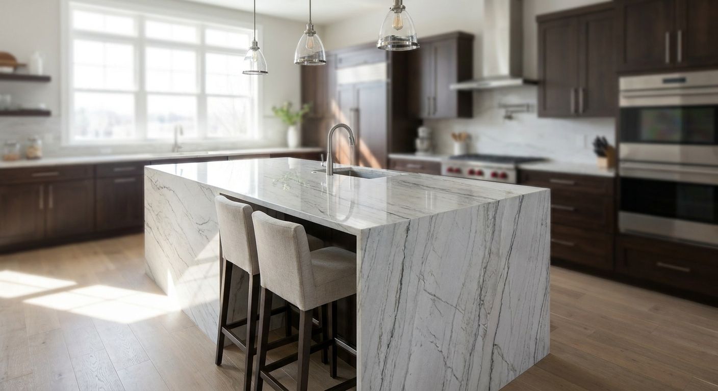 Quartzite waterfall islands for modern kitchens