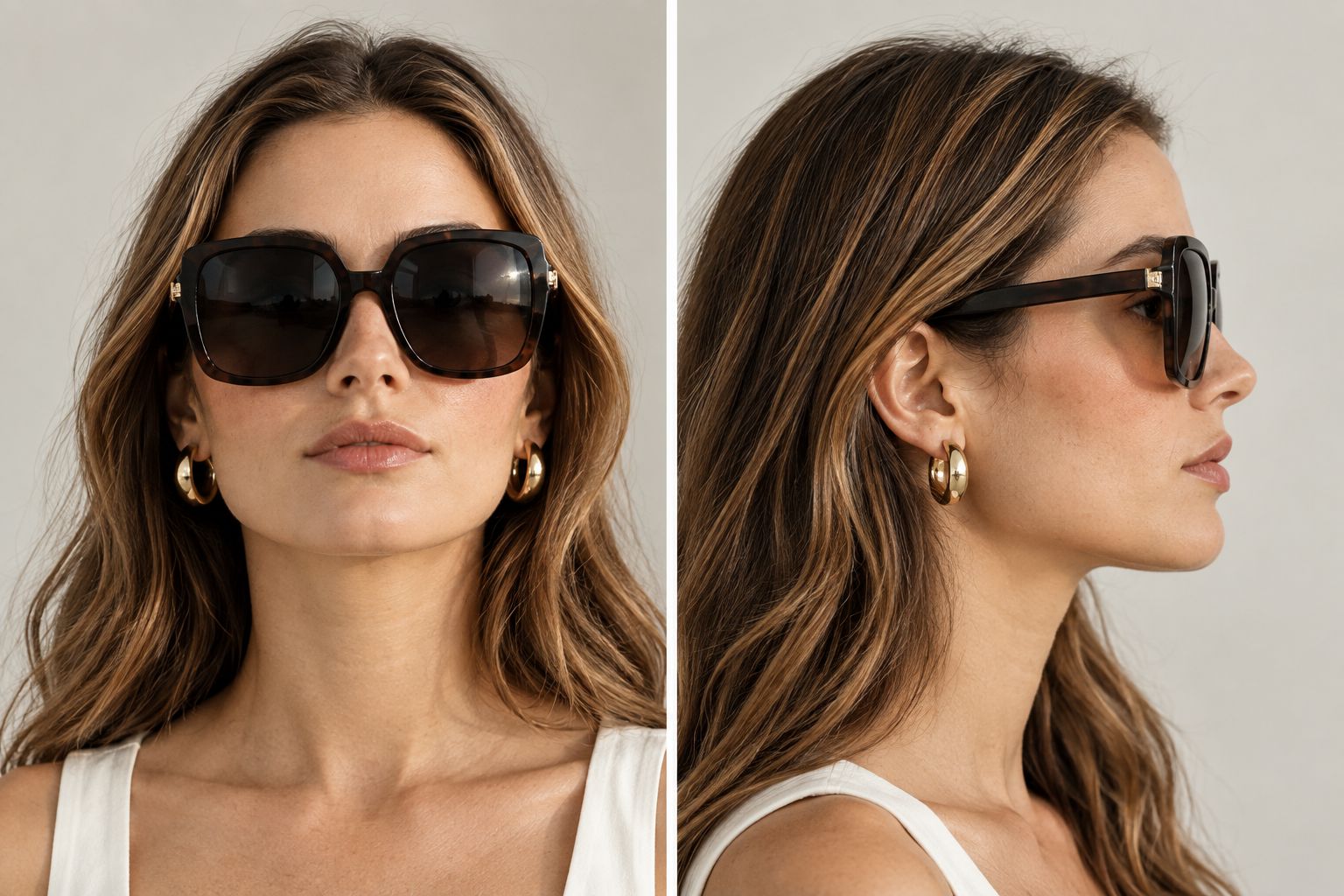 Front and side views showing the fit of generic oversized sunglasses