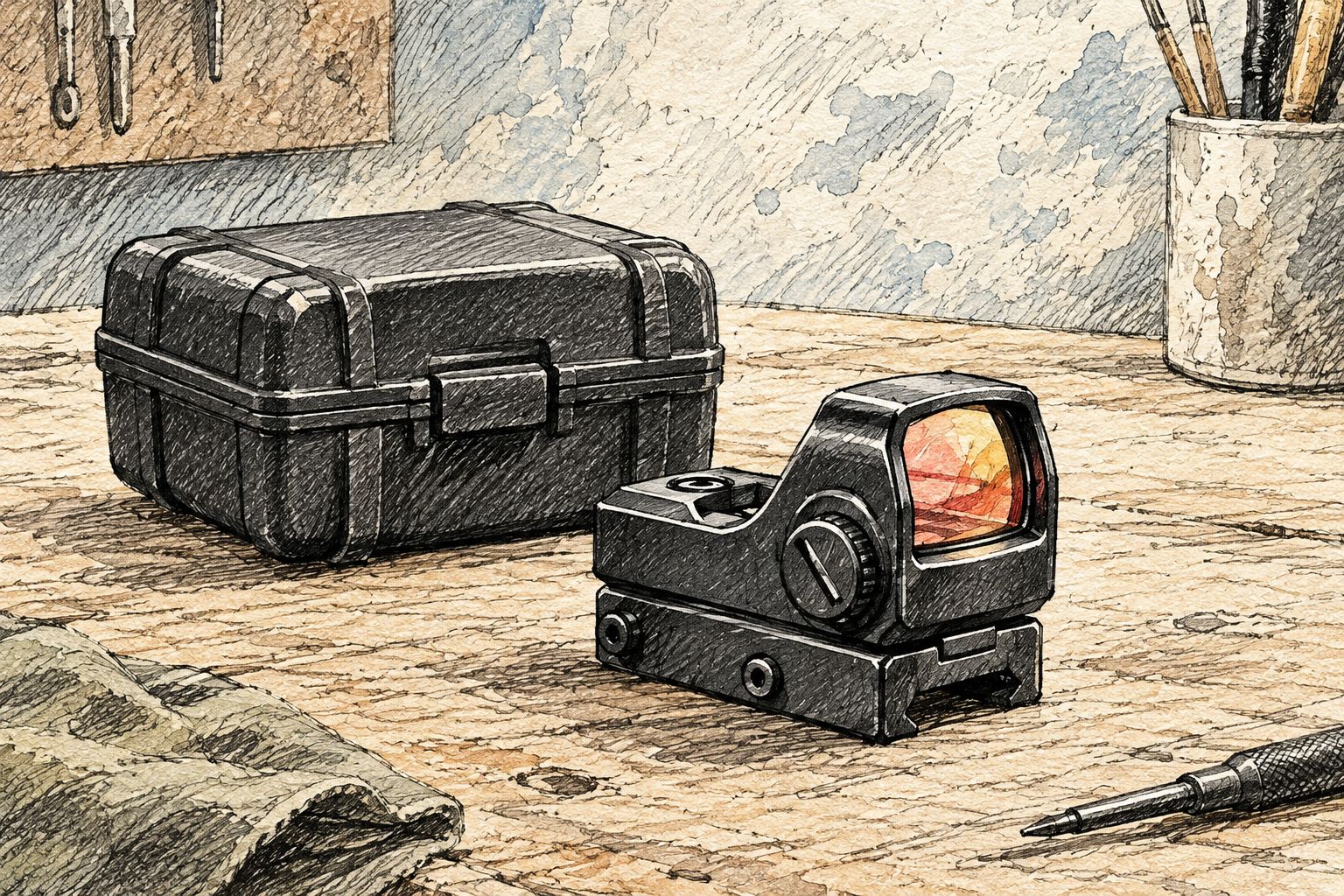 An unbranded compact red dot optic showing its lens window and mounting base