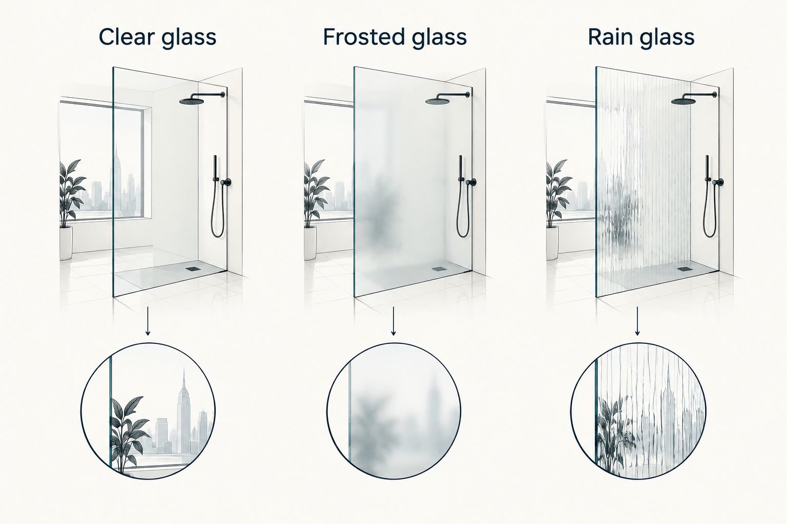 Clear, frosted, and rain shower glass compared by how each changes the view through a panel.