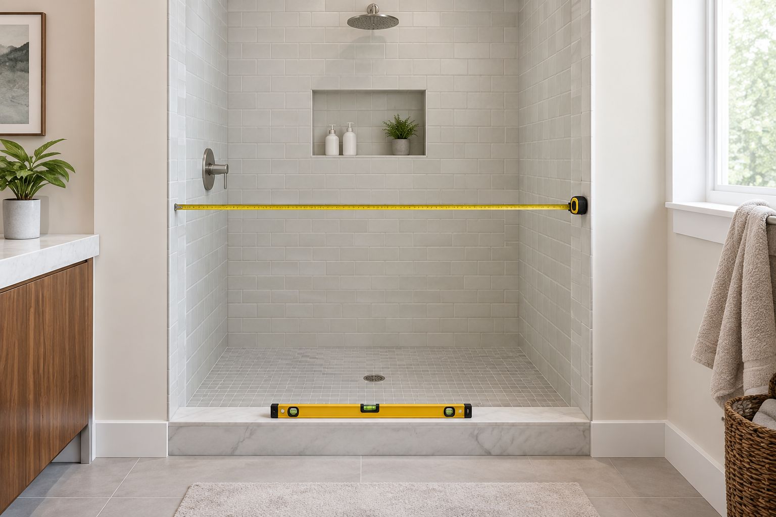 Measuring a finished tiled shower opening with a tape measure and checking the curb with a level.