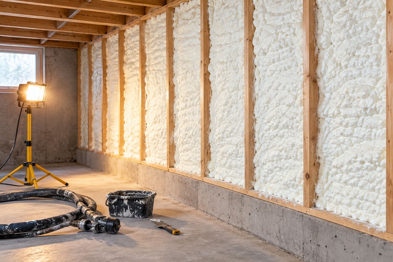 Closed-cell spray foam applied between basement studs against a concrete foundation wall