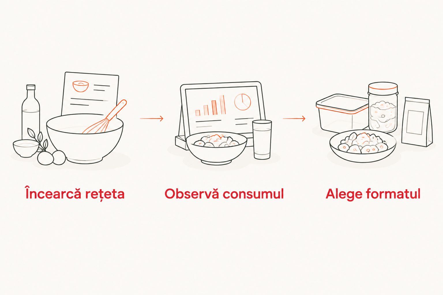 Trei pași pentru alegerea formatului de muștar: încercarea rețetei, observarea consumului și alegerea pachetului.