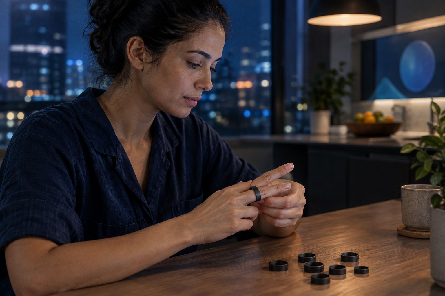 A person checking a ring-sizing sample at a kitchen table