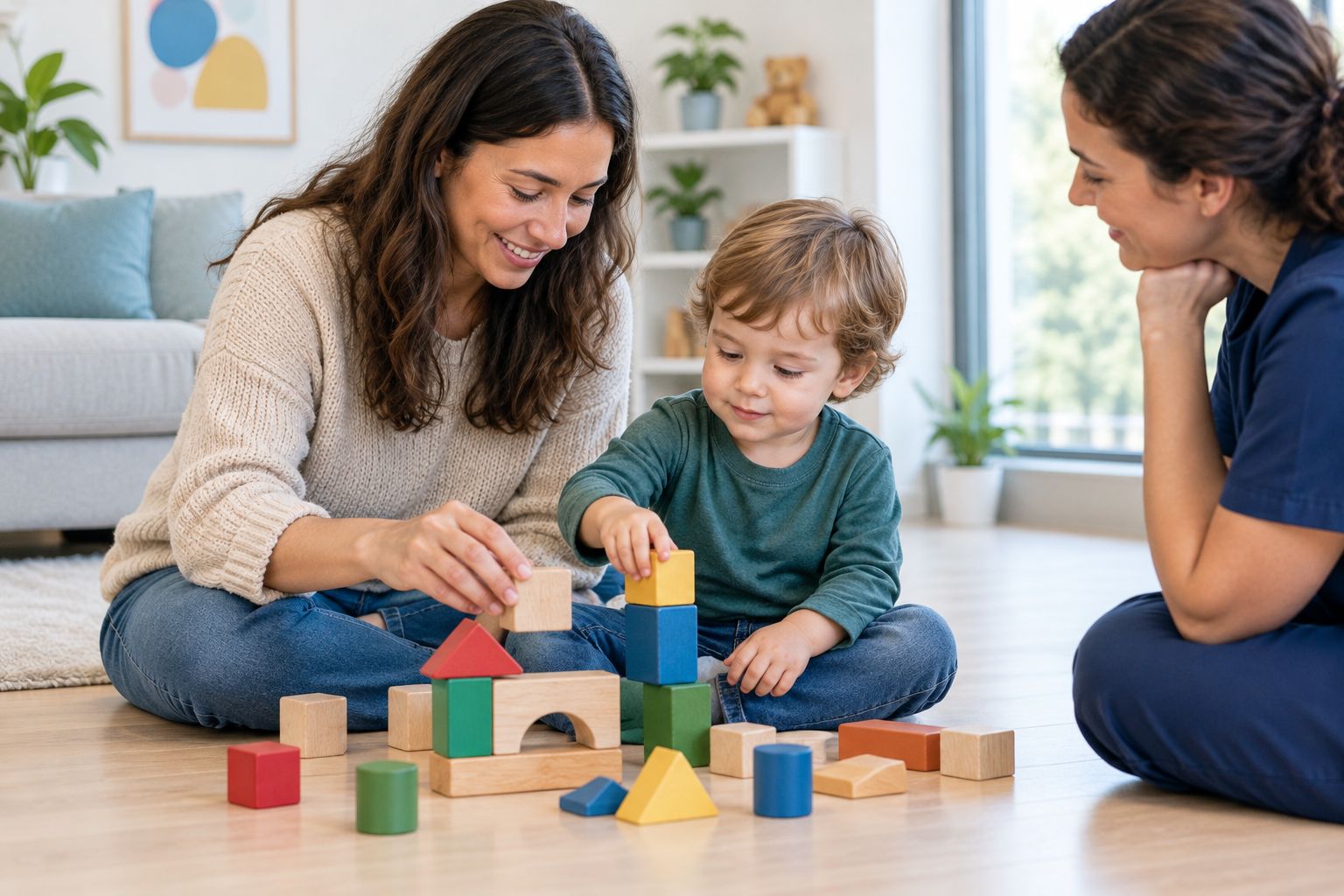 Parent and toddler placing large wooden blocks together on a clear floor
