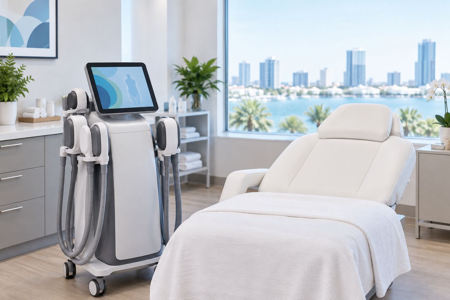 Med spa treatment room set up for a non-invasive body contouring session