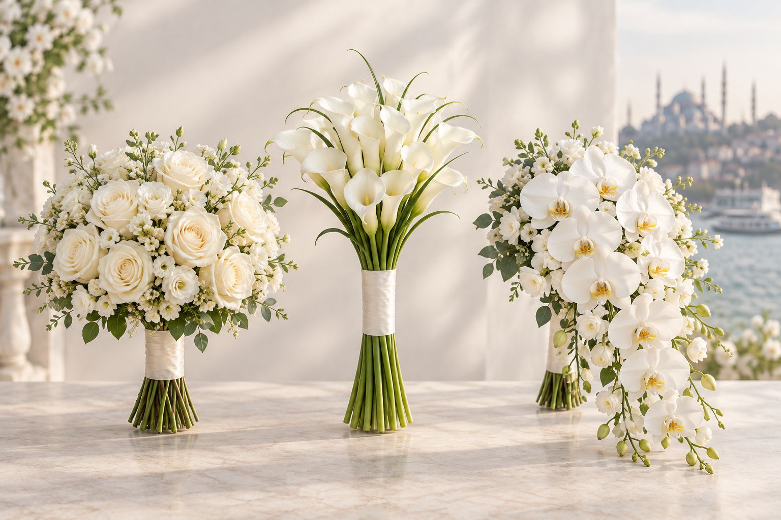 Rounded roses, narrow calla lilies and cascading orchids shown side by side