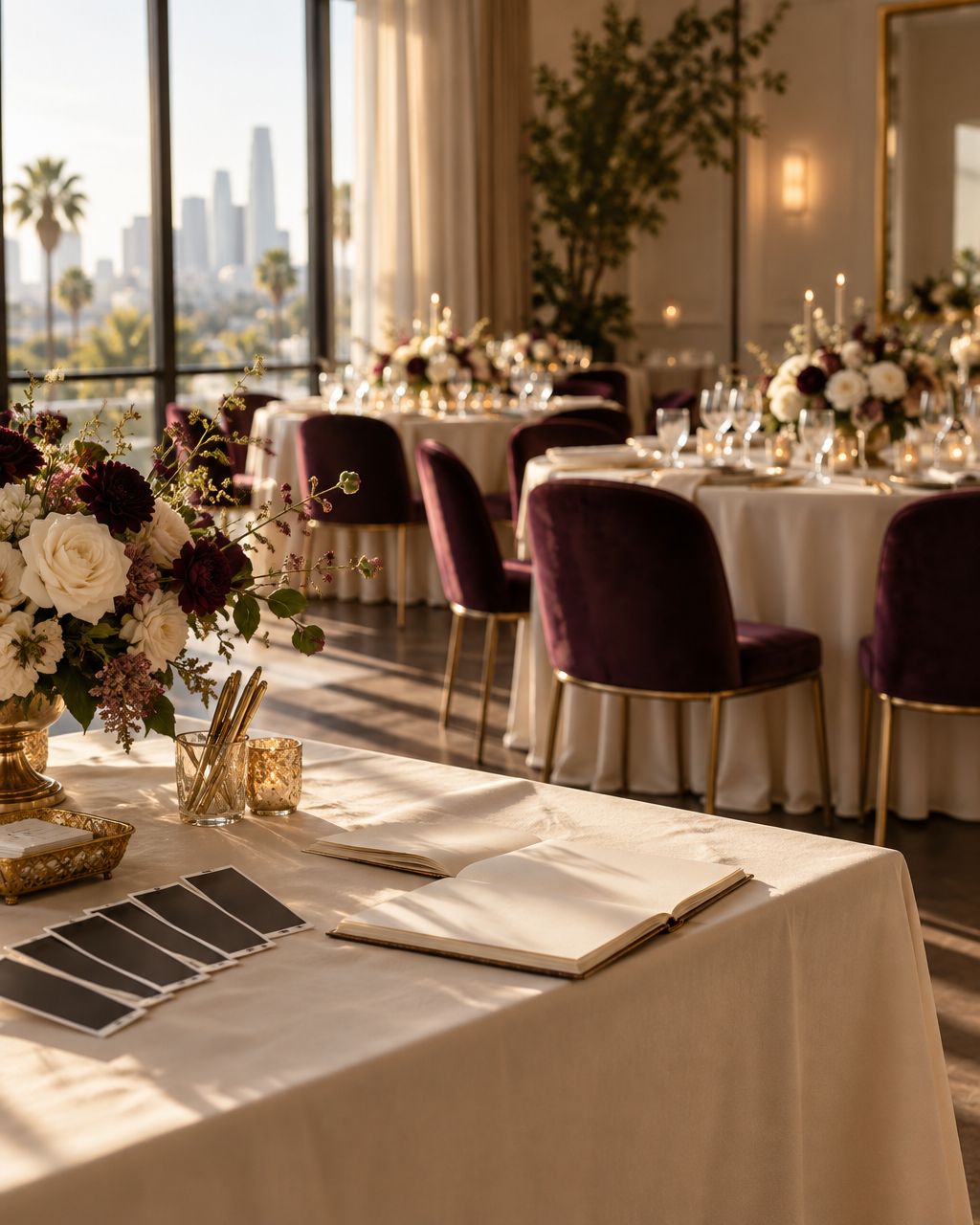 Illustrative wedding reception with a guest book, photo prints and plum velvet seating