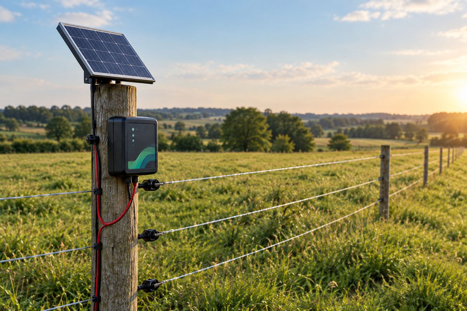 Solar-powered electric fence energizer mounted on a farm perimeter post