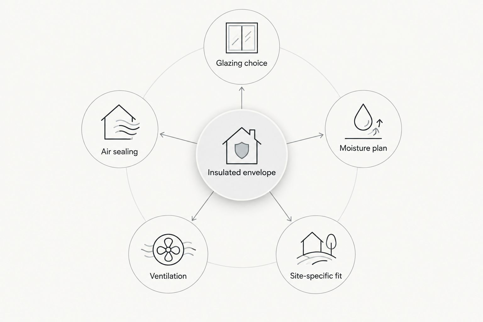 Diagram showing an insulated envelope connected to five sunroom design decisions