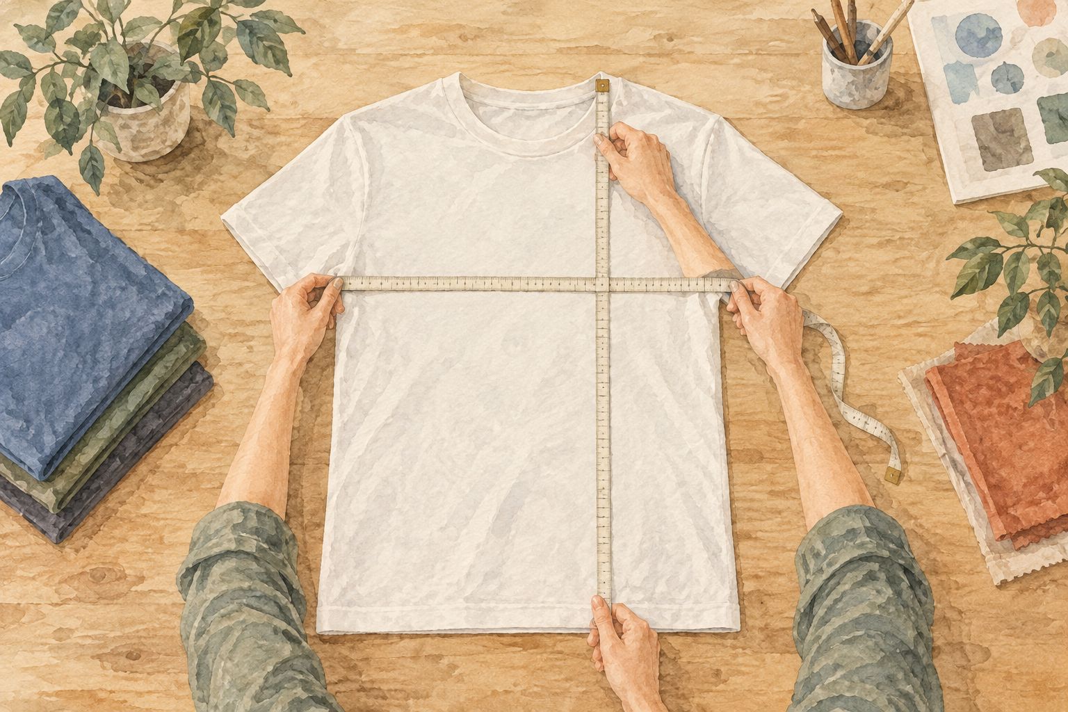 Plain T-shirt laid flat with measuring tapes across the chest and along the body