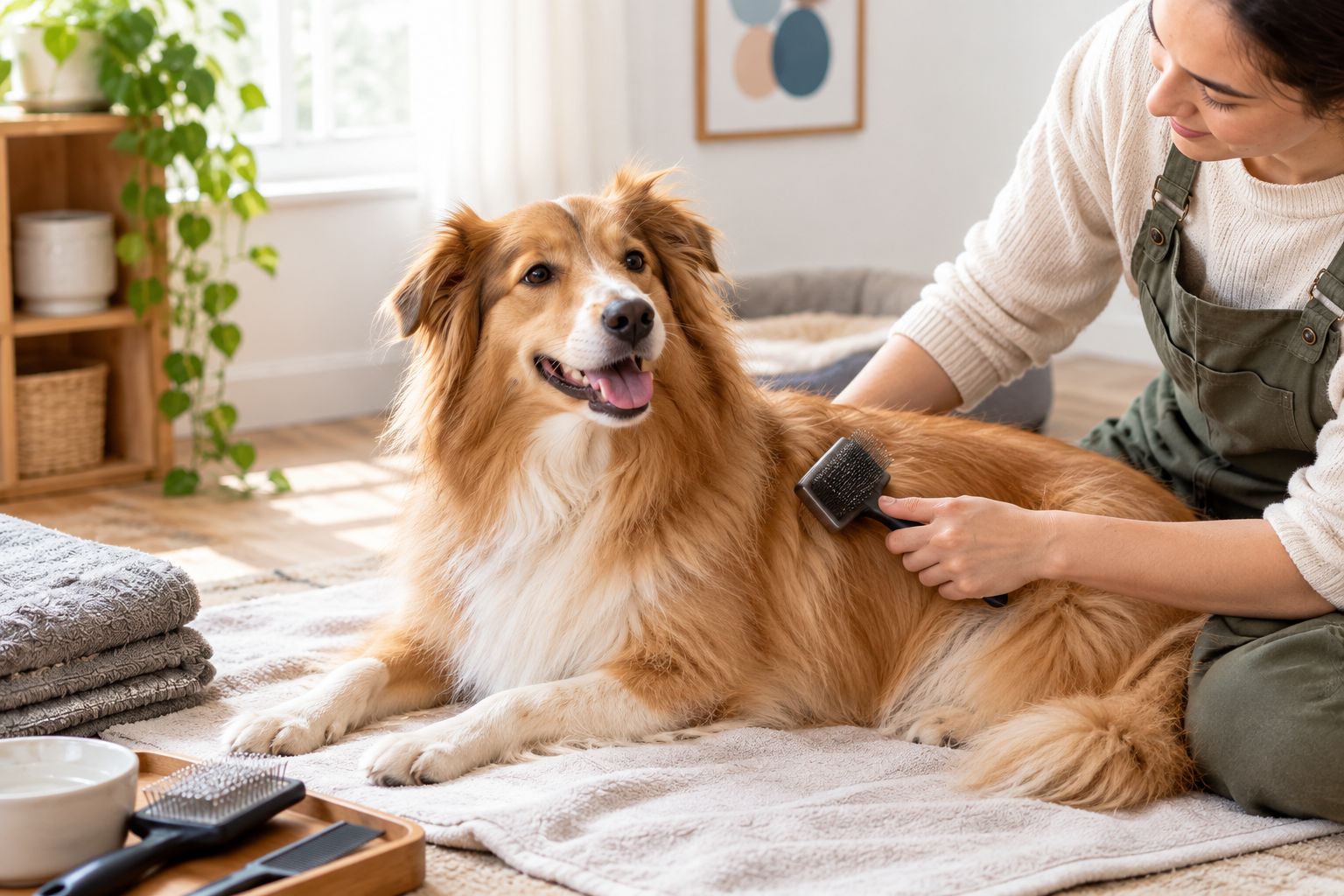 Owner gently brushing a long-coated dog at home