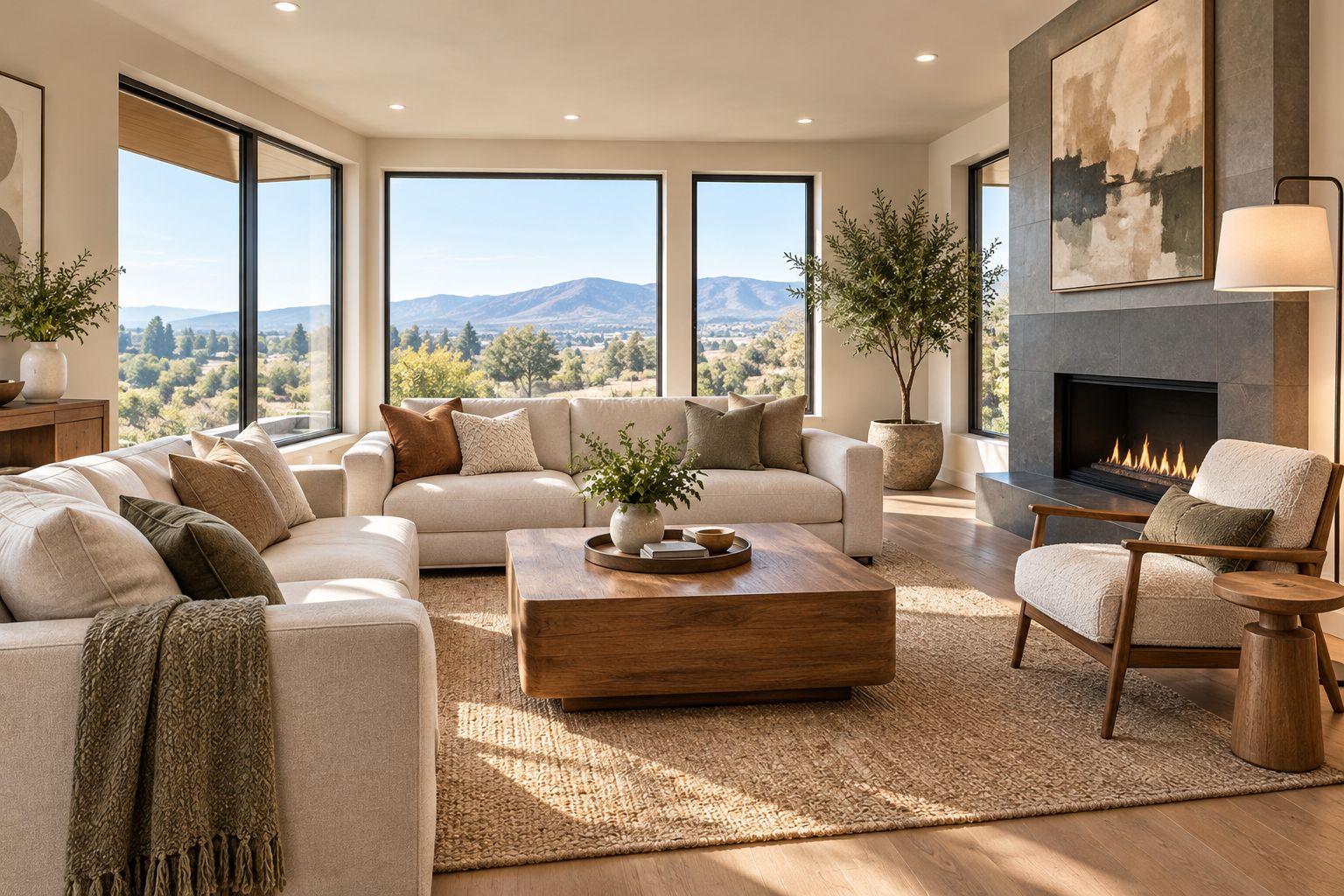 New living room with ceiling lighting and a floor lamp positioned beside a reading chair