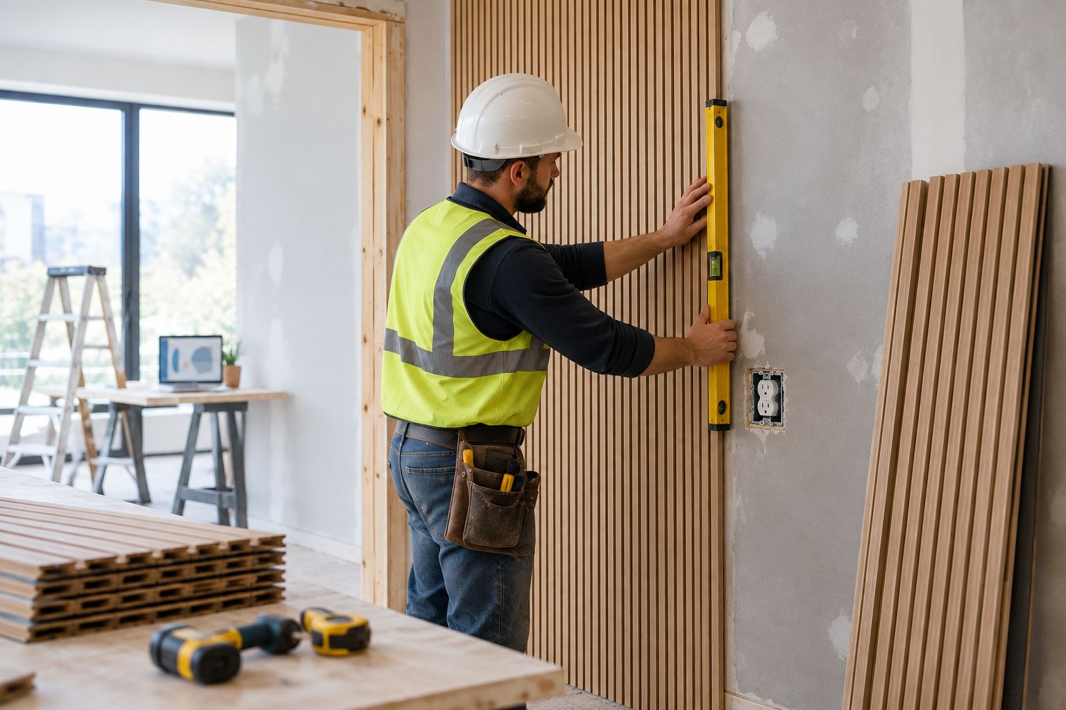 Contractor checking wood slat panel alignment beside a doorway and outlet
