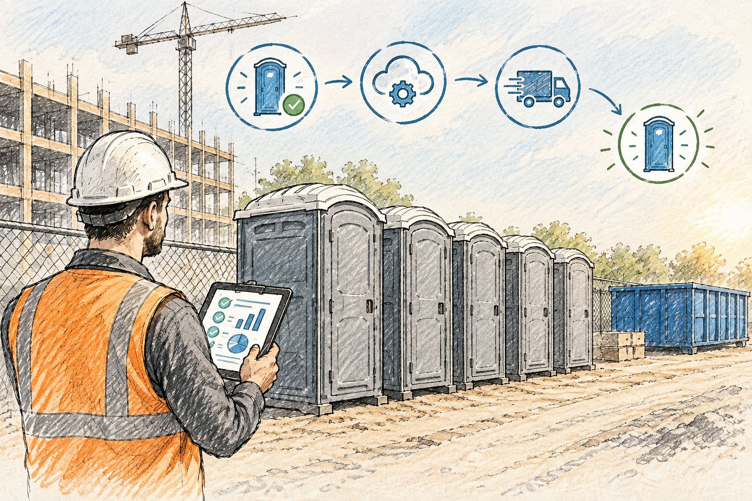 Grey portable restrooms on a construction job site with a worker checking service status