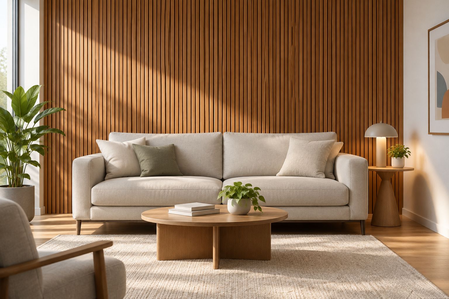 Vertical wood slat feature wall paired with simple living room furniture