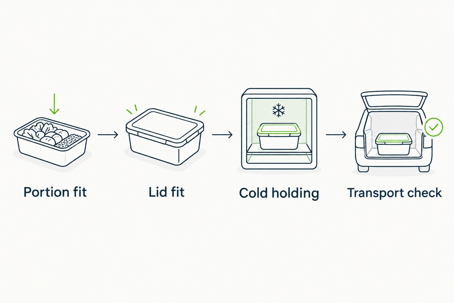 Four checks for cold-food packaging: portion fit, lid fit, cold holding and transport