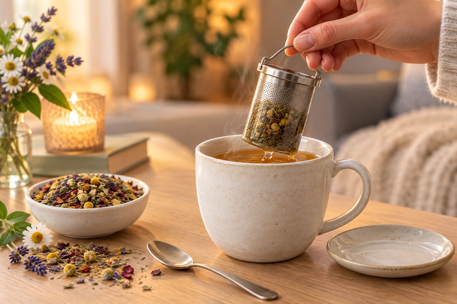 A basket infuser being lifted from a mug of herbal tea beside a teaspoon and loose herbs
