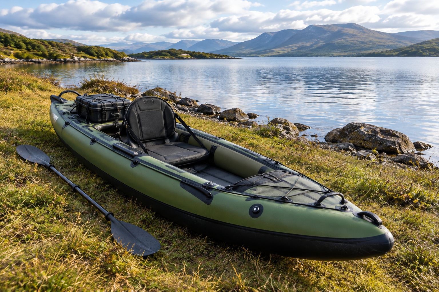 Inflatable fishing kayak with closed tackle storage behind a clear seating area