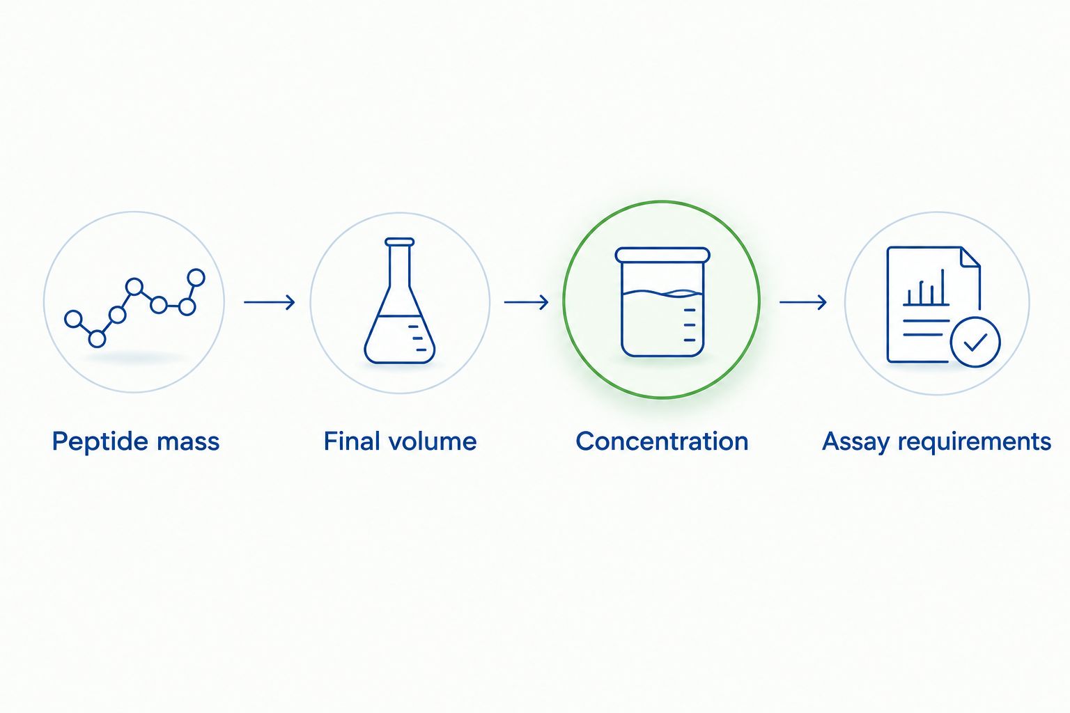 Diagram connecting peptide mass and final volume to concentration and assay requirements