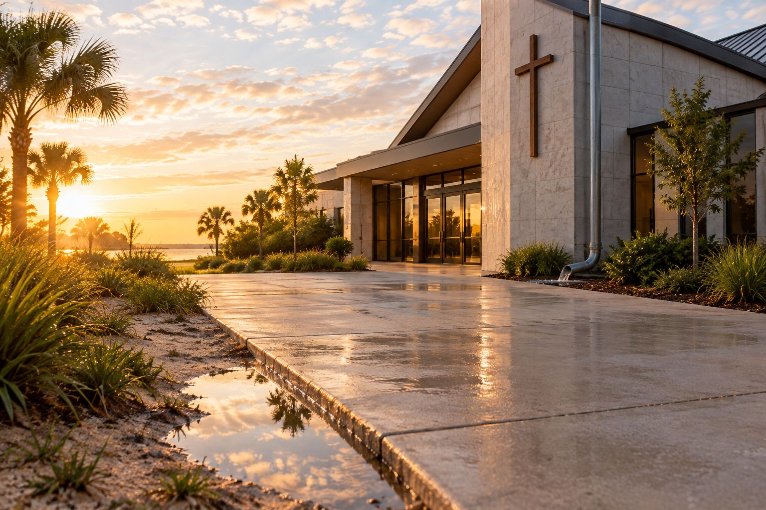 Rainwater collecting beside a concrete walkway near a church entrance