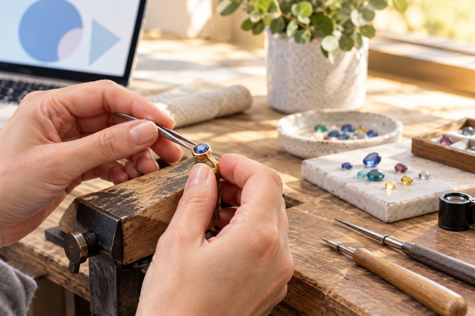 Jeweler hand-setting a gemstone into a gold bezel at a workbench
