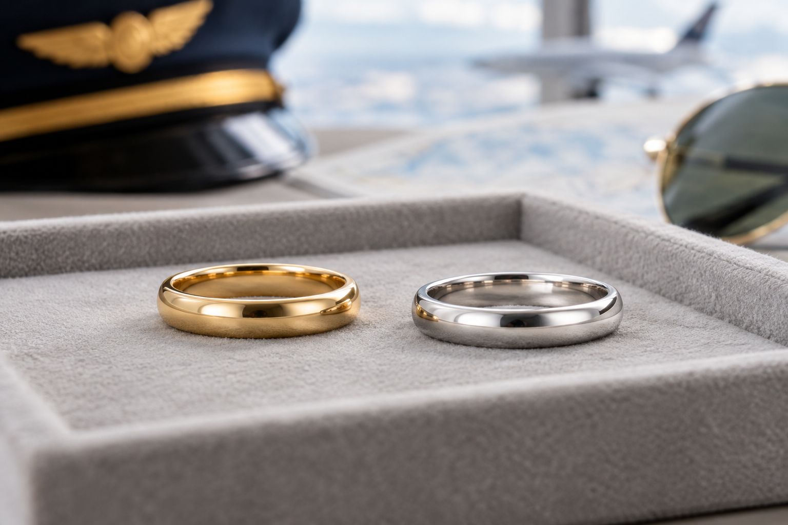 Plain yellow-metal and white-metal wedding bands with rounded edges and low profiles
