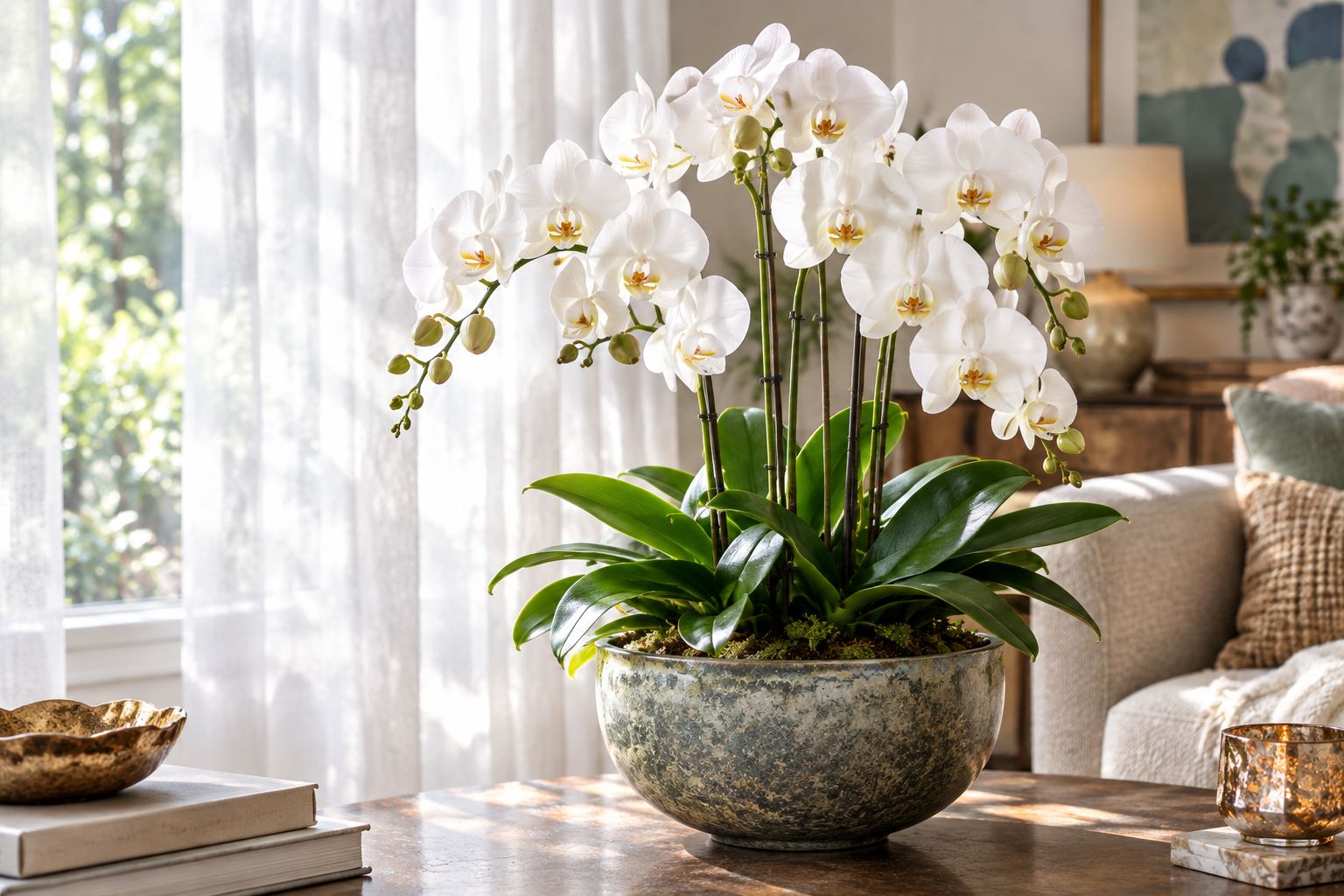 White moth orchid beside a window with filtered daylight