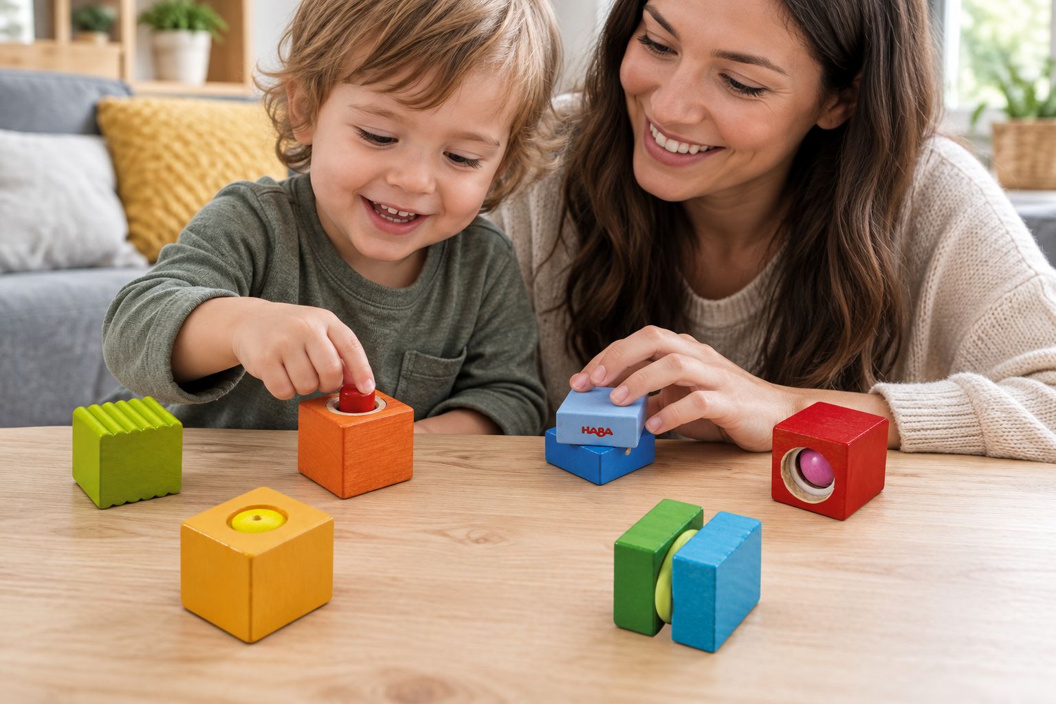 Parent and toddler exploring sound with wooden discovery blocks at a table