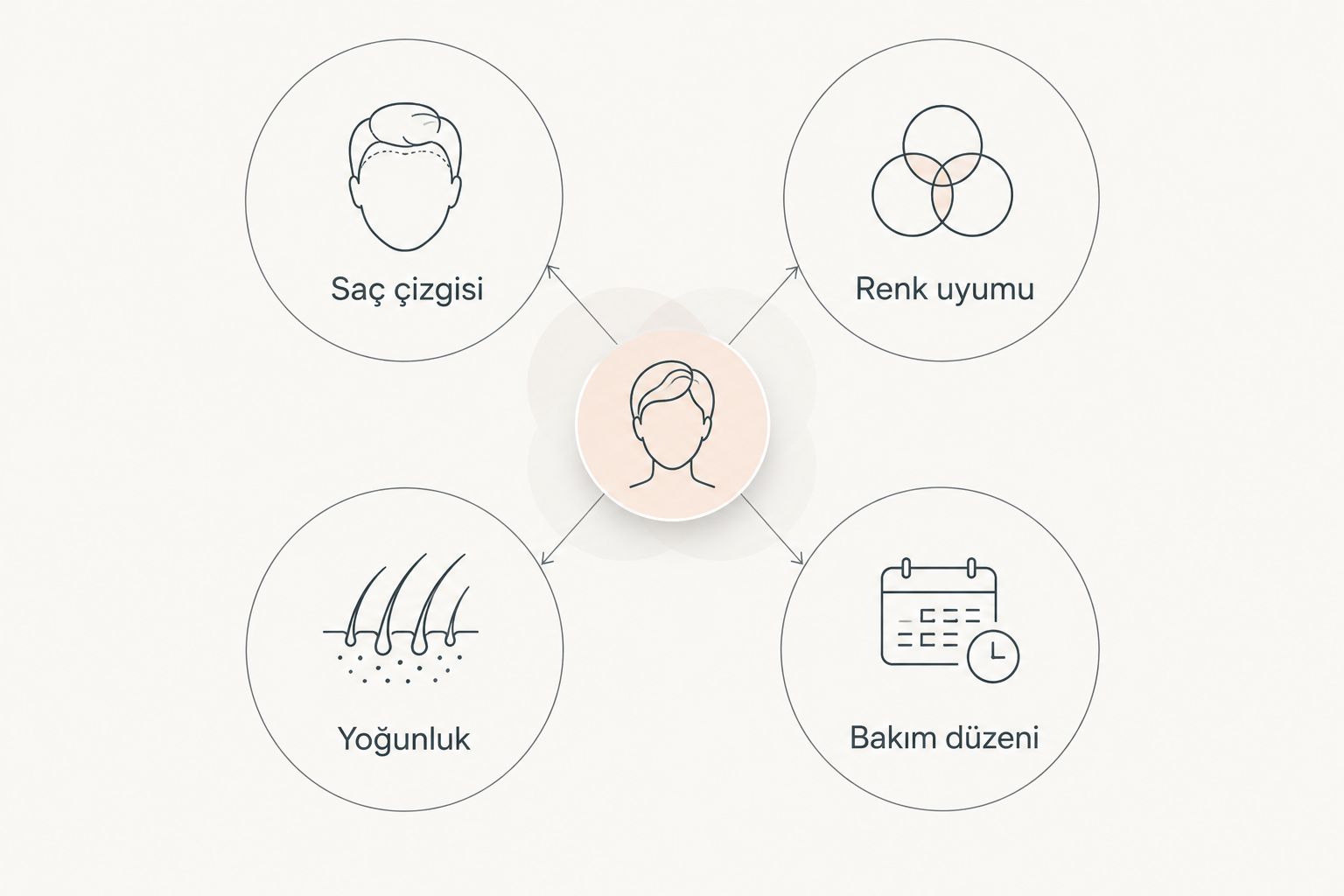 Saç çizgisi, renk uyumu, yoğunluk ve bakım düzenini birlikte gösteren değerlendirme şeması