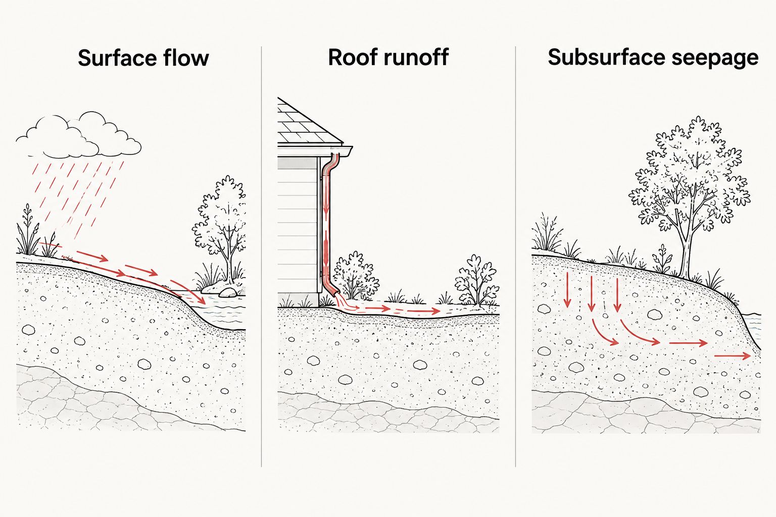 Three drainage sources: water across the ground, roof runoff, and water moving through soil.