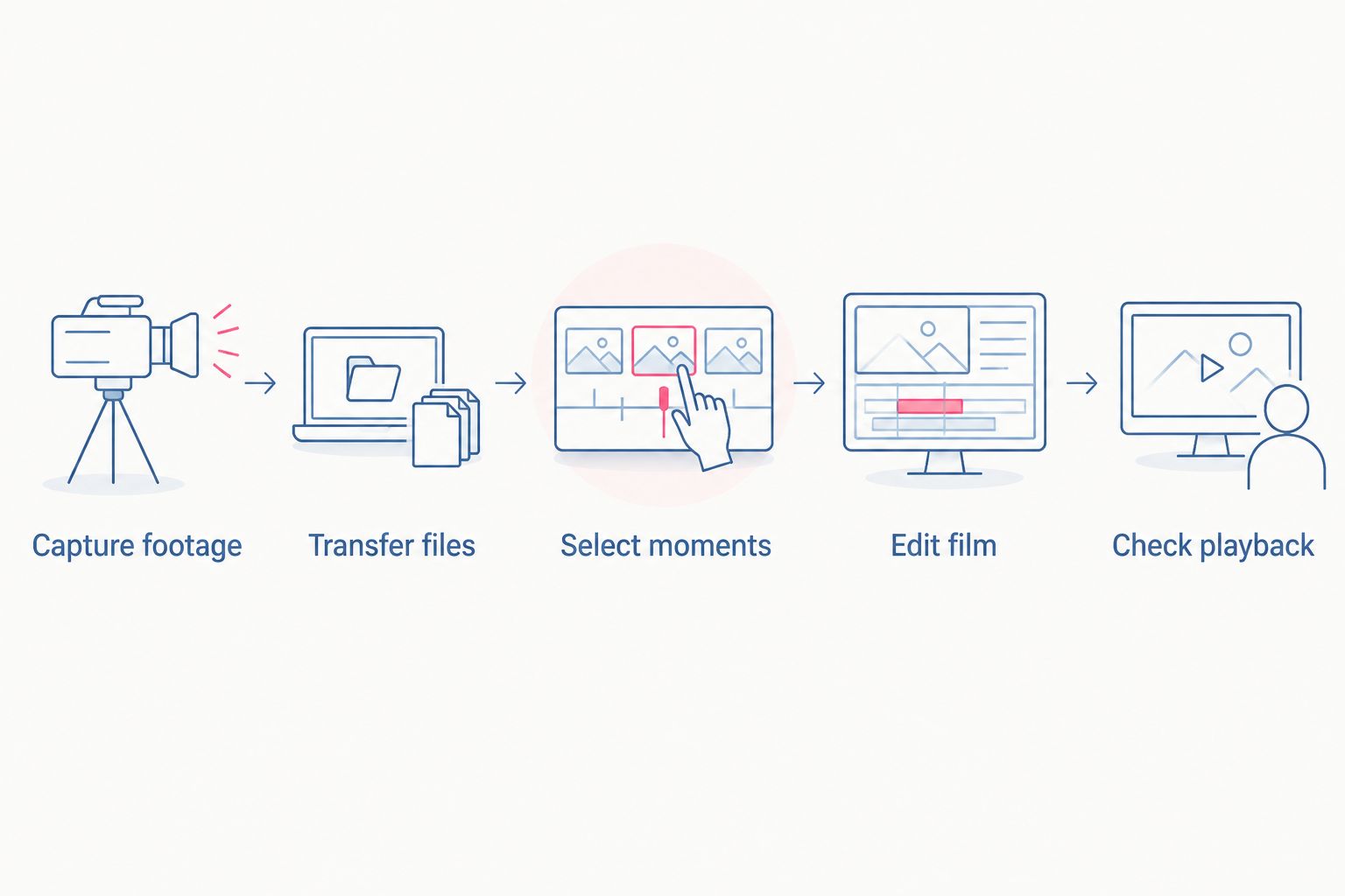 Sequence from capturing wedding footage to checking the finished film at playback