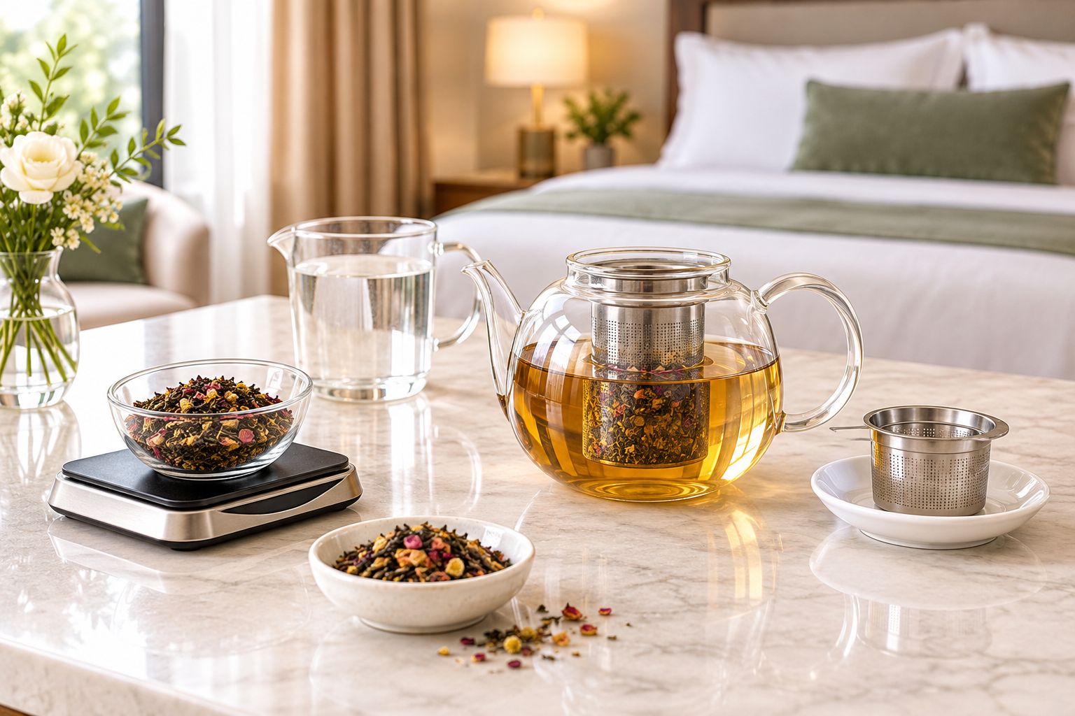 Tea preparation station with measuring tools, a glass teapot, and a saucer for the removable infuser