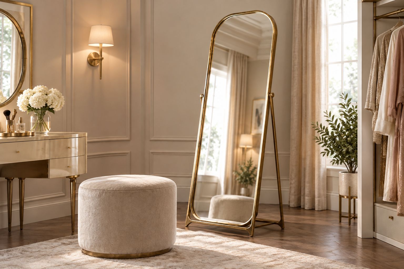 Antique gold floor mirror in a glamorous dressing room with an ottoman in front