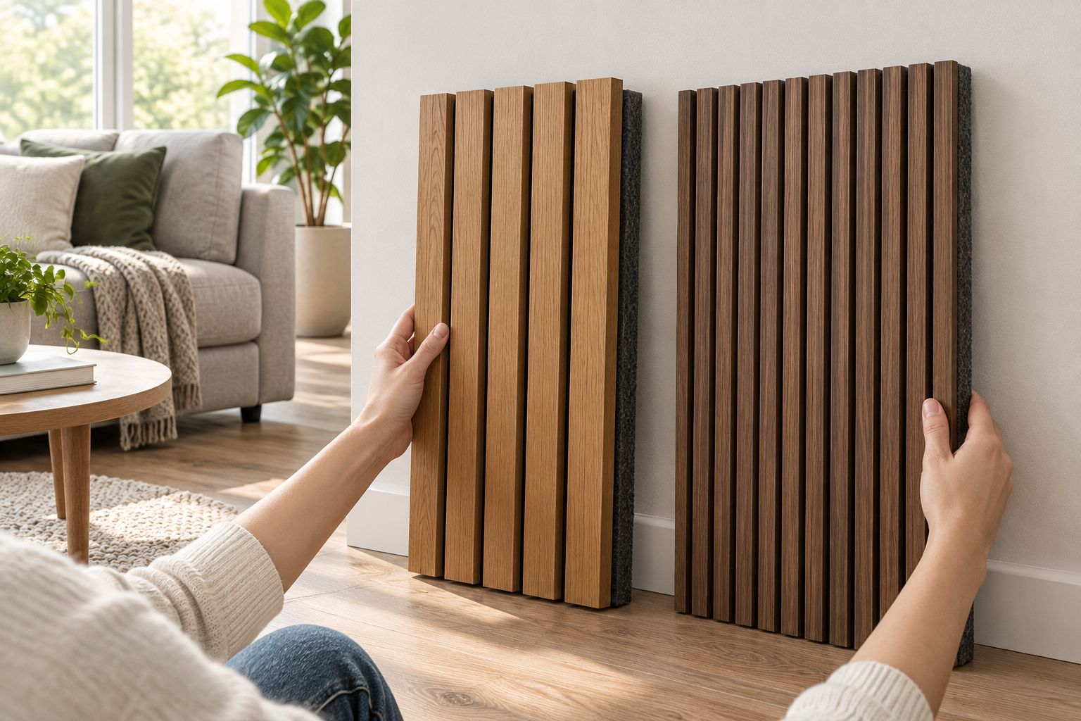 Wood slat panel samples compared beside a living-room sofa and flooring