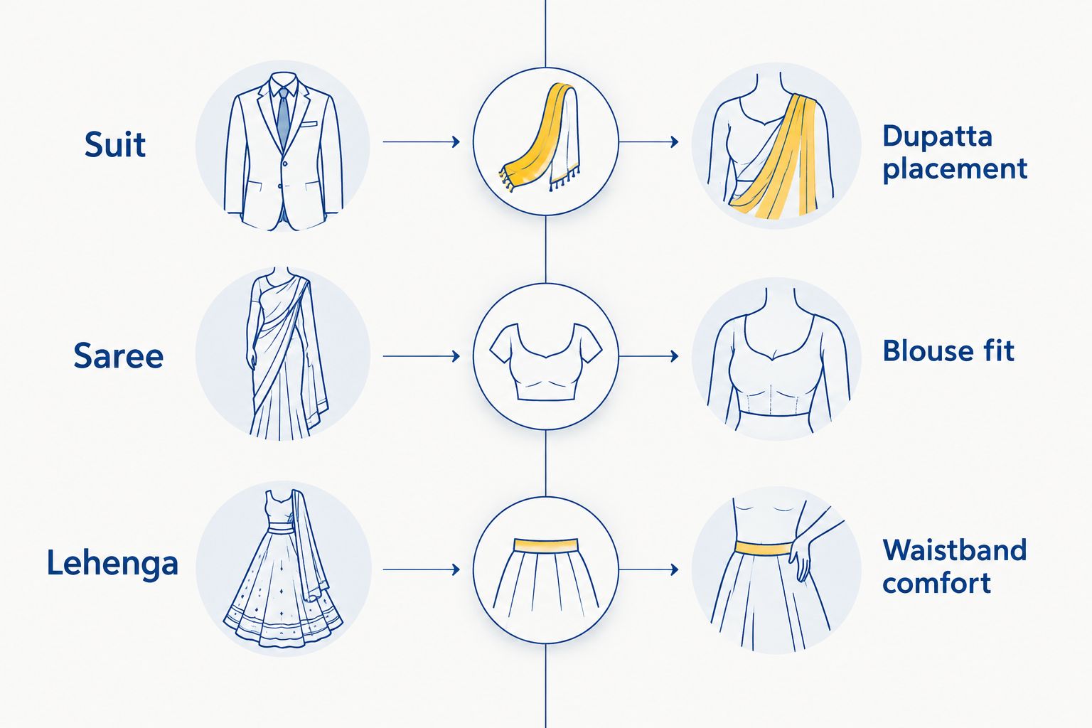 Suit, saree and lehenga compared by dupatta placement, blouse fit and waistband comfort