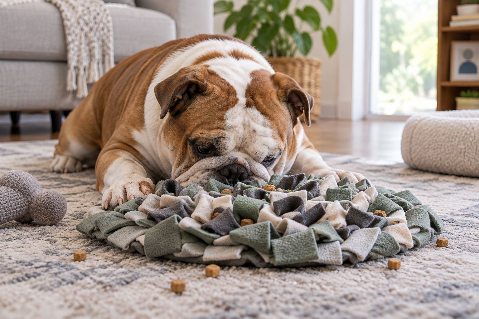 English Bulldog sniffing through a fabric snuffle mat on the floor