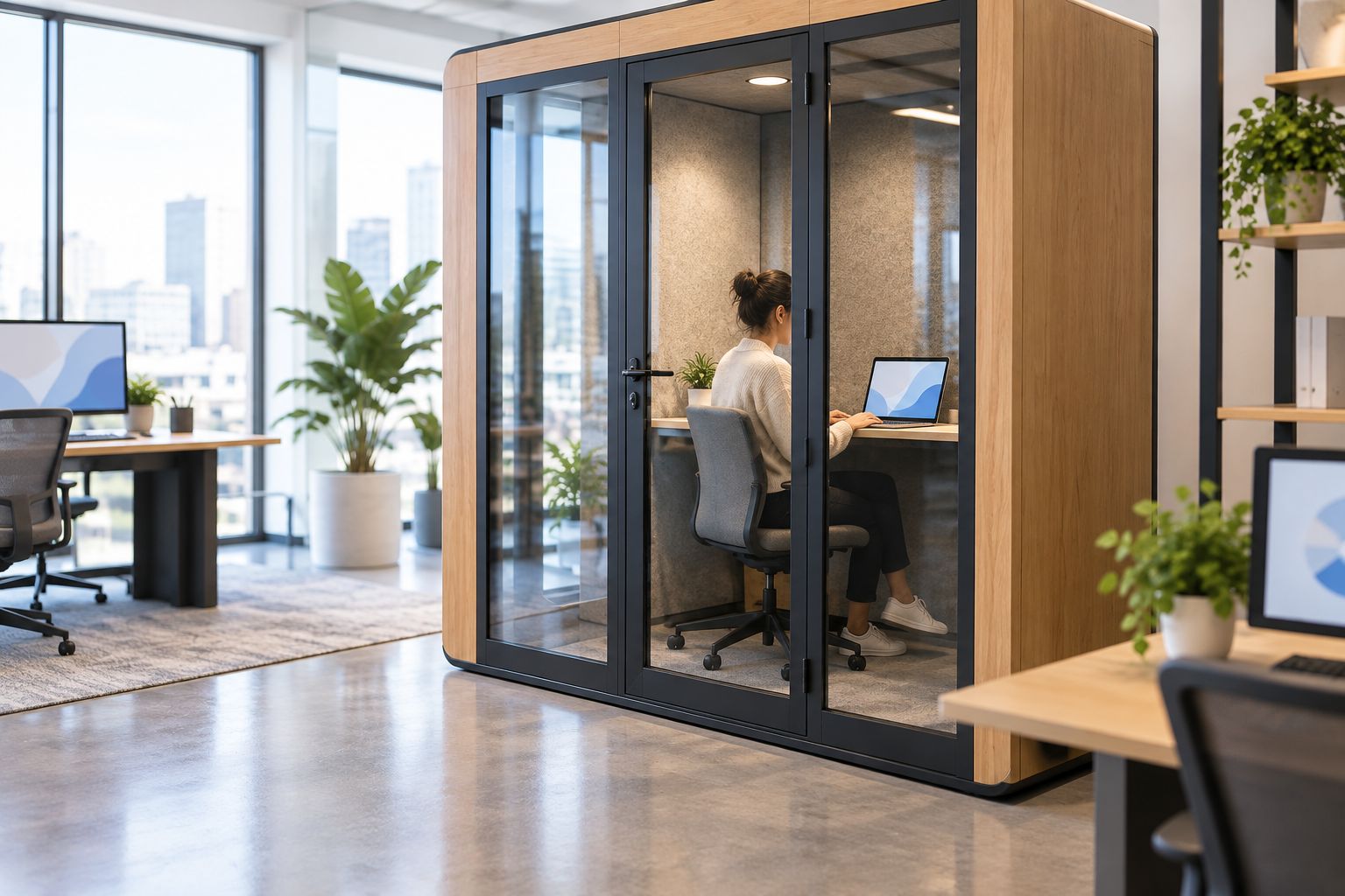Transparent office-booth panel showing the relationship between a seated user and surrounding desks